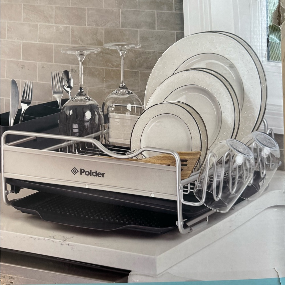 Polder Aluminum 4-Piece Dish Rack with Black Drip Tray